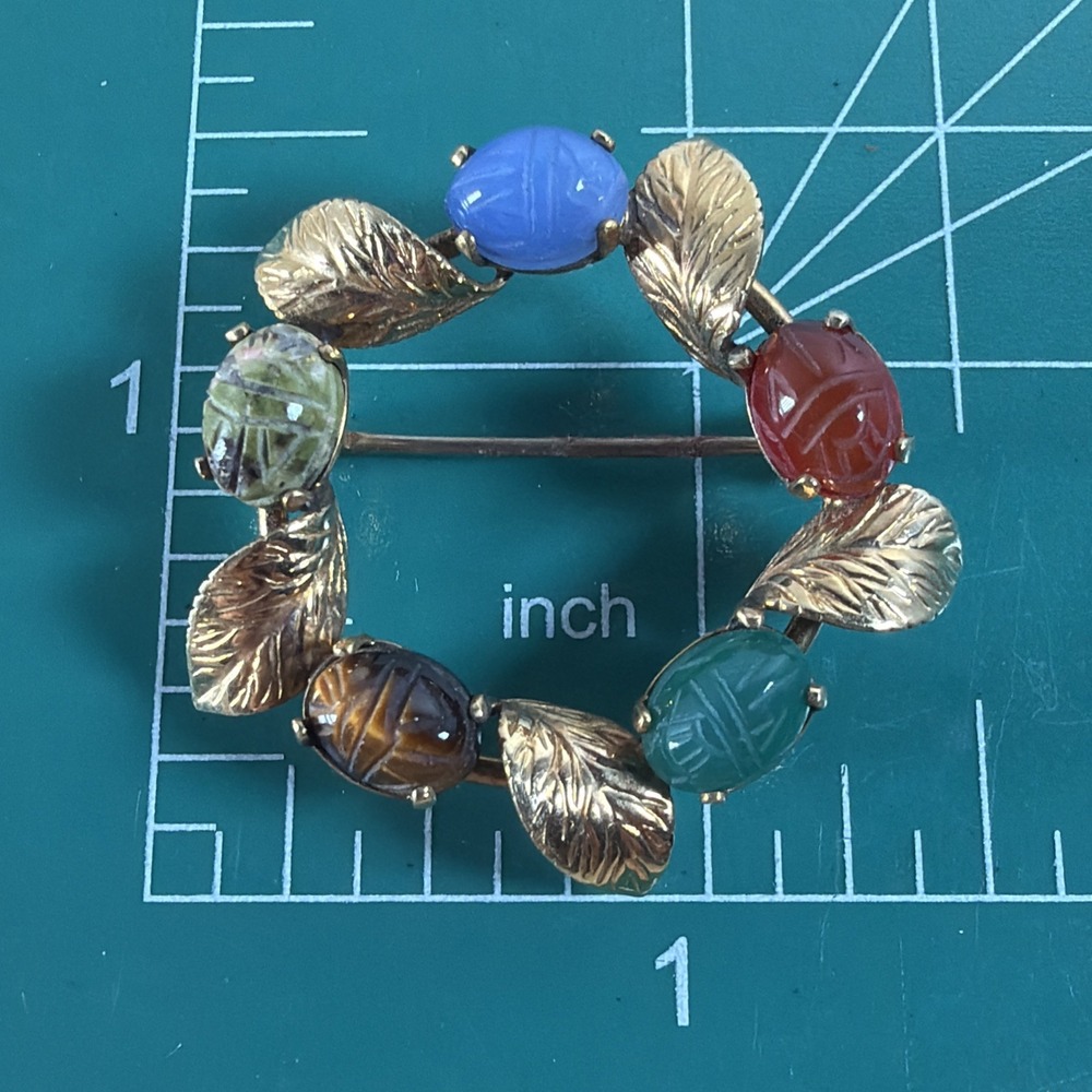 Vintage 12k Gold Filled Egyptian Revival Scarabs Multi Stone Wreath Brooch